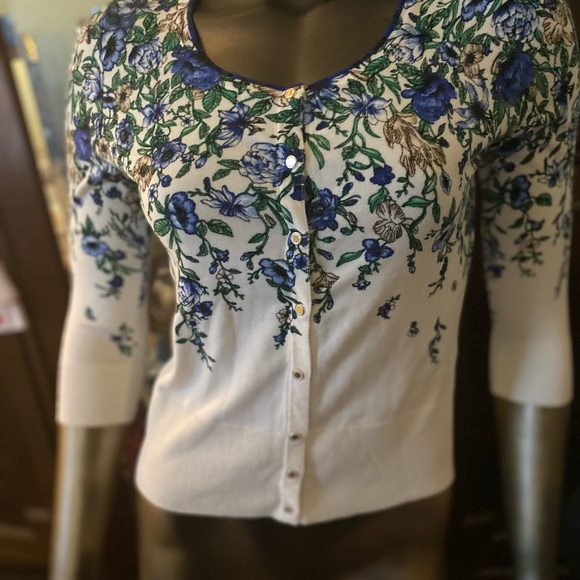 White House Black Market Sweaters - White House Black Market Cream Cardigan with Blue Floral Print